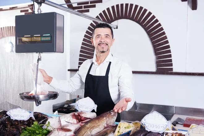 Homme souriant dans une poissonnerie avec des poissons et des crustacés sur le comptoir