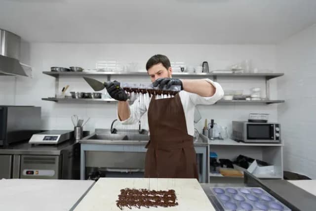 chocolatier étale du chocolat tempéré sur un marbre dans une cuisine professionnelle